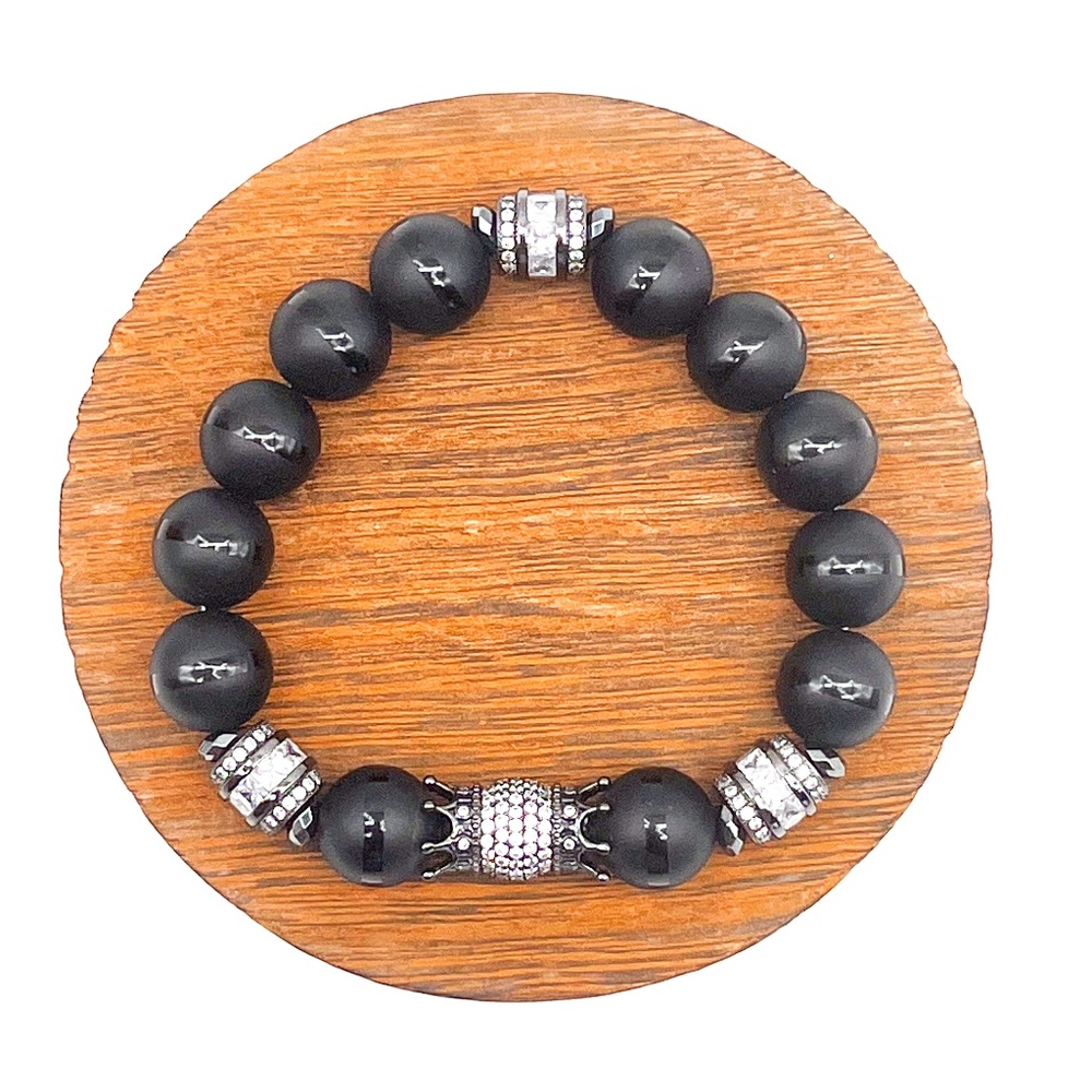 Black Onyx & Gun Metal Double Sided Crown Bracelet - Barrel